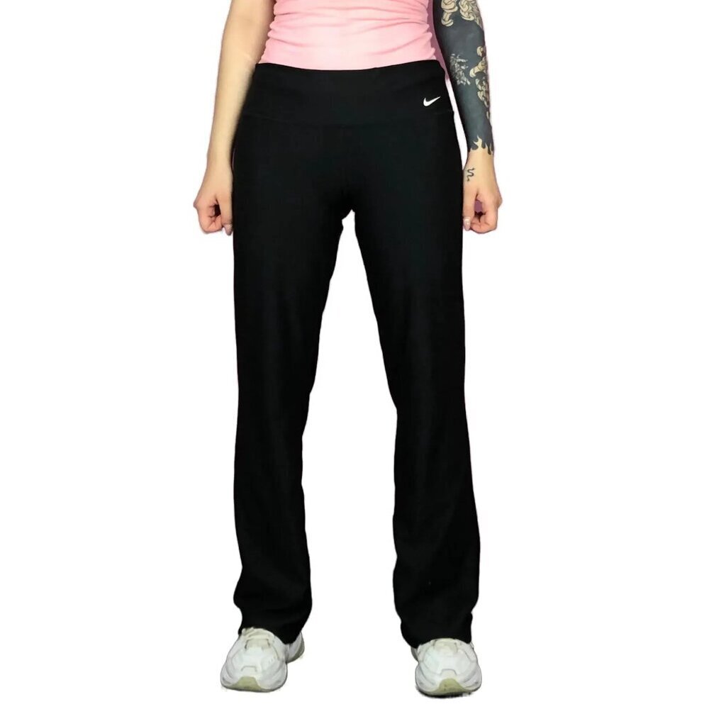 Nike Black White Big Logo Swoosh Wide Leg Dri Fit Pants Women Size Medium